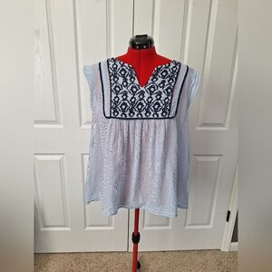 Crown & Ivy Blue Blouse with Navy Embroidery